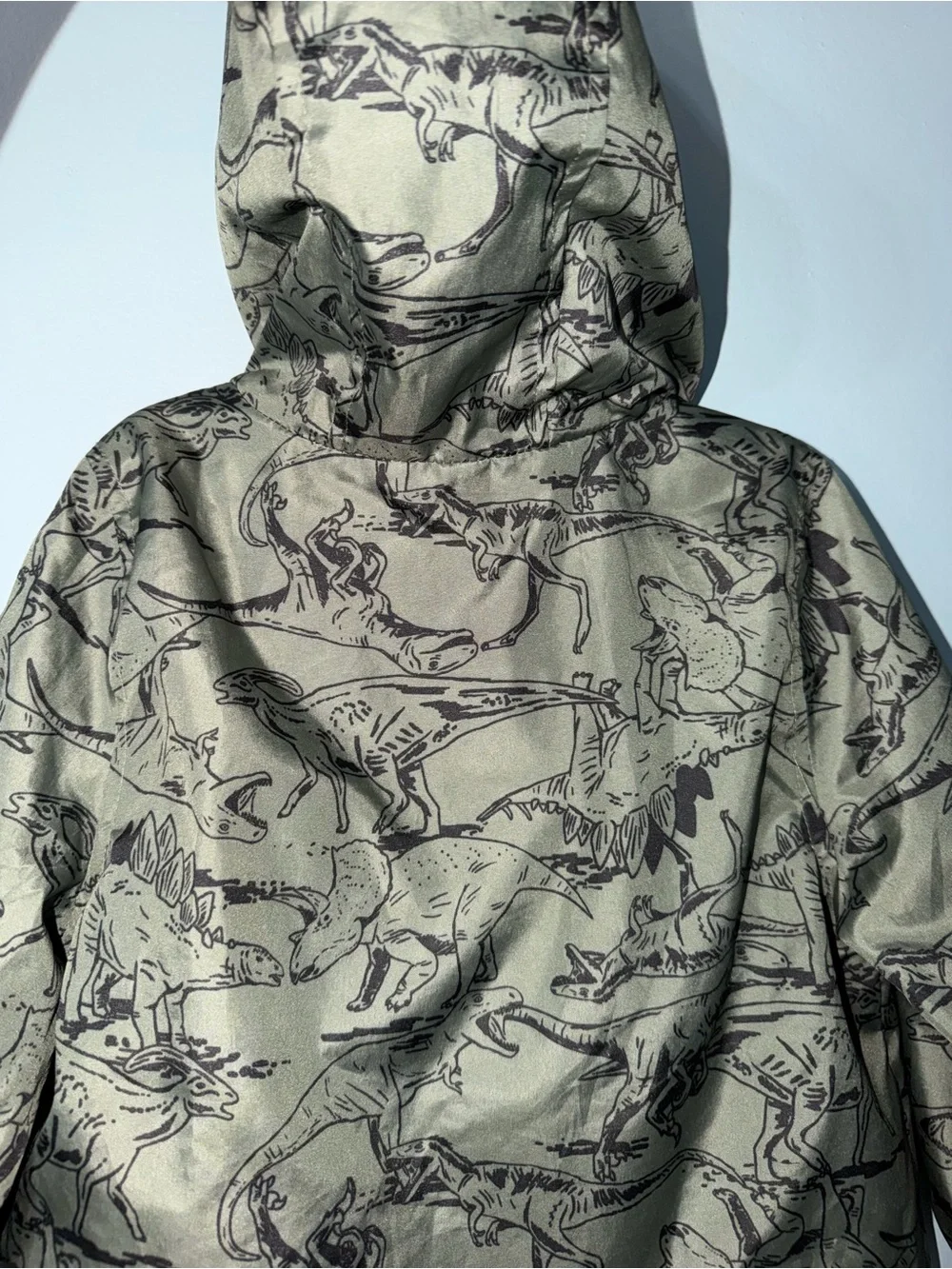 Carter's Olive Green light weight windbreaker/rain coat Dinosaur Hooded Jacket